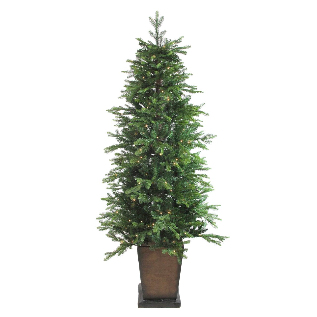 6ft. Pre-Lit Oregon Noble Fir Slim Artificial Christmas Tree in Decorative Planter, Warm White LED Lights